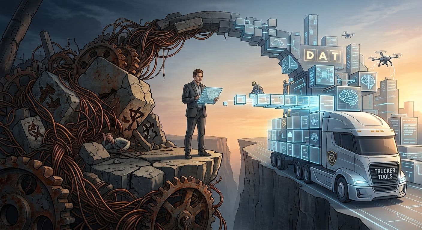 Conceptual illustration of tech modernization: A professional on a cliff covered in rusty gears and tangled wires builds a glowing digital bridge across a canyon to a sleek semi-truck labeled Trucker Tools amidst a modern AI-powered city.