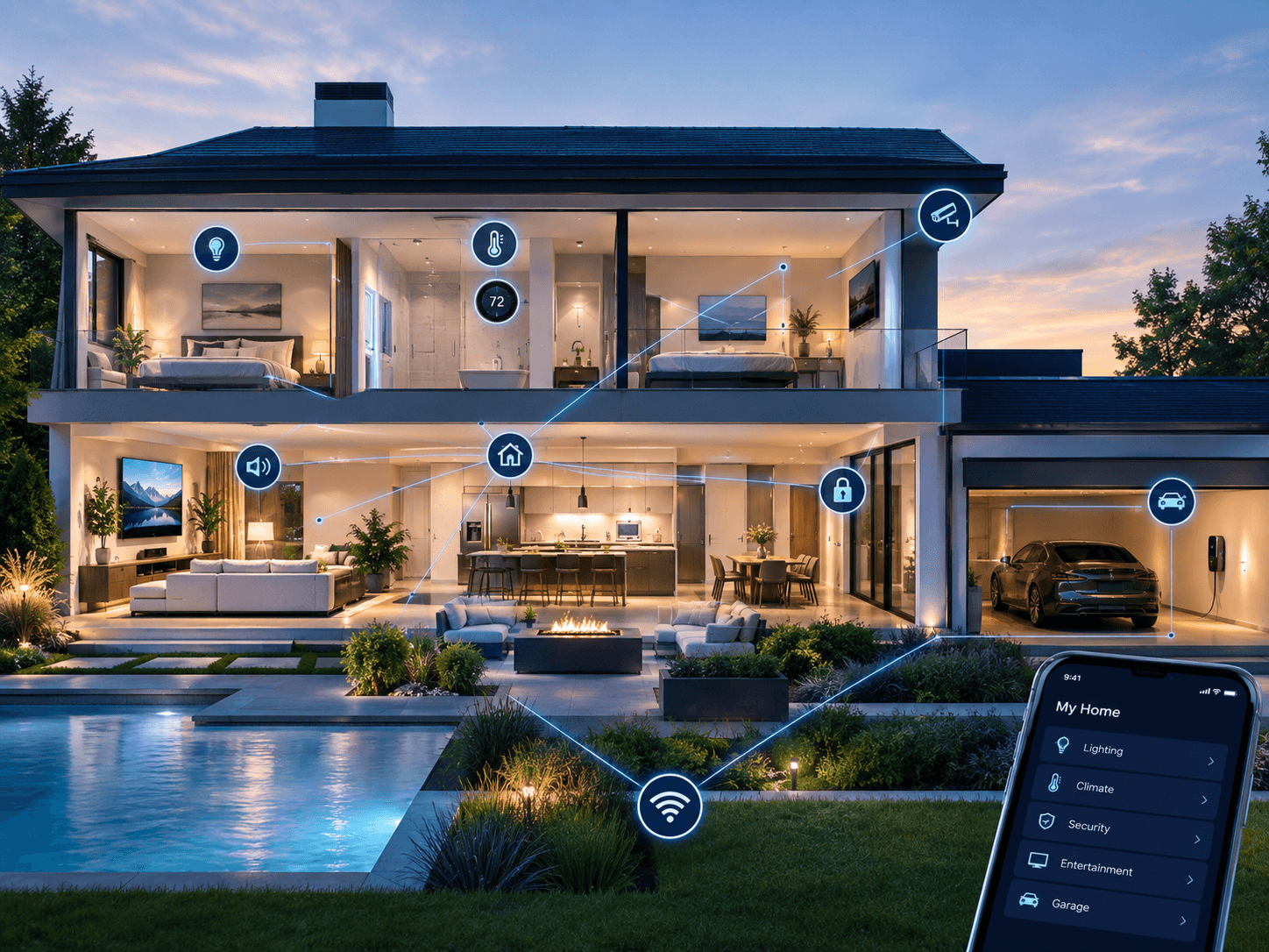 Image of a home with lines connecting the various technologies in the home